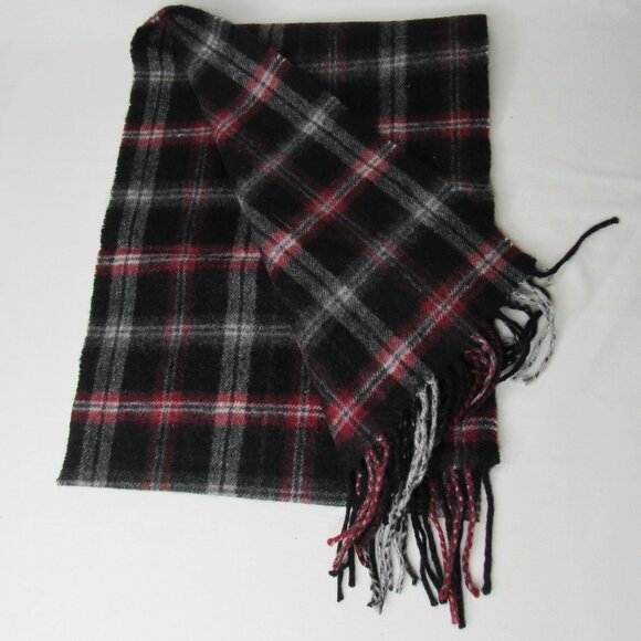 Club Room Black Red Check 100% Cashmere Scarf Fringe End - Picture 4 of 9